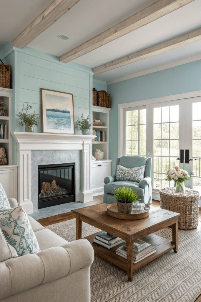 Benjamin Moore Swiss Coffee Ideas: 7. Modern Farmhouse Charm with Swiss Coffee & Soft Blues