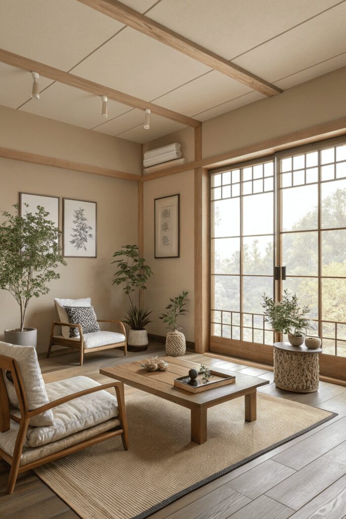 Benjamin Moore Swiss Coffee Ideas: 8. Japandi Serenity: Swiss Coffee & Zen Neutrals