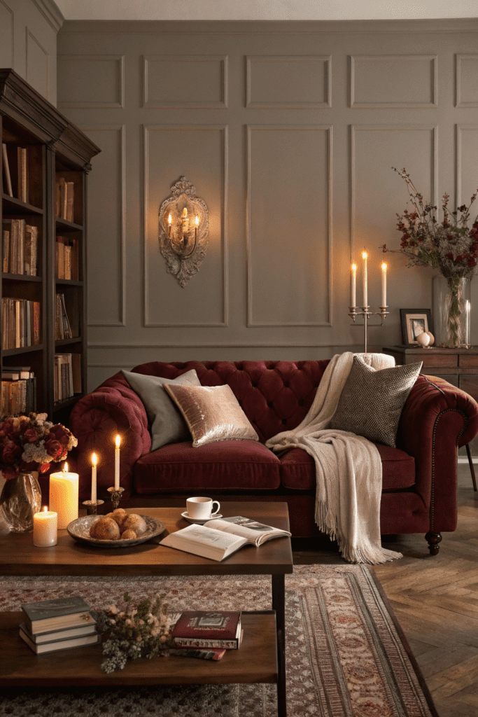 Benjamin Moore Swiss Coffee Ideas: 13. Swiss Coffee & Deep Burgundy: A Rich, Romantic Aesthetic