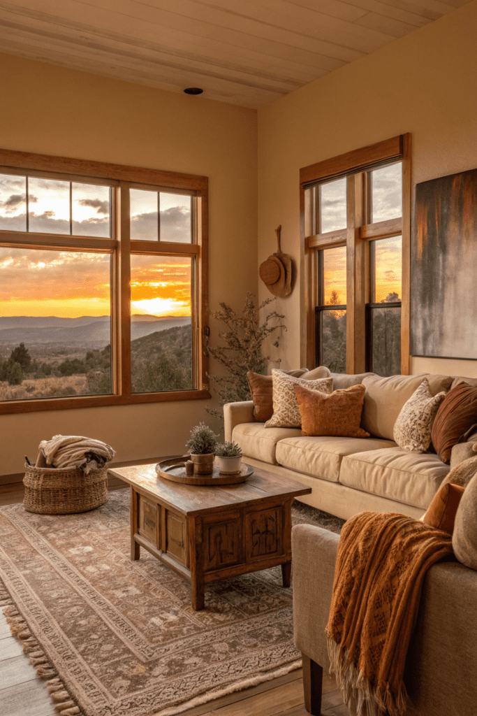 Benjamin Moore Swiss Coffee Ideas: 15. Swiss Coffee & Sunset Tones: A Warm, Earthy Boho Vibe