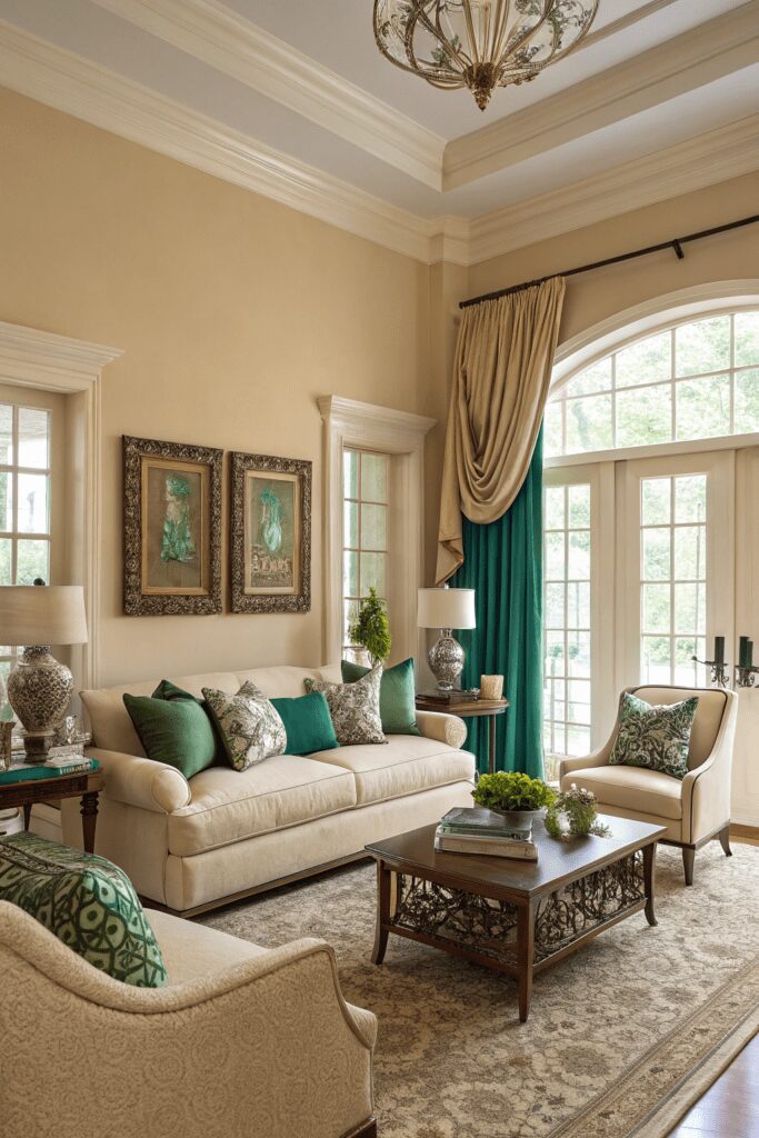 Benjamin Moore Swiss Coffee Ideas: 17. Swiss Coffee & Emerald Accents: Regal Yet Inviting
