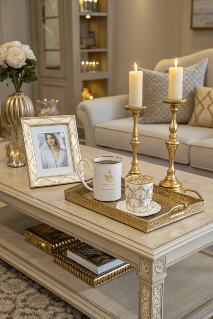 Benjamin Moore Swiss Coffee Ideas: 20. Swiss Coffee & Metallic Gold: A Luxe, Gilded Glow