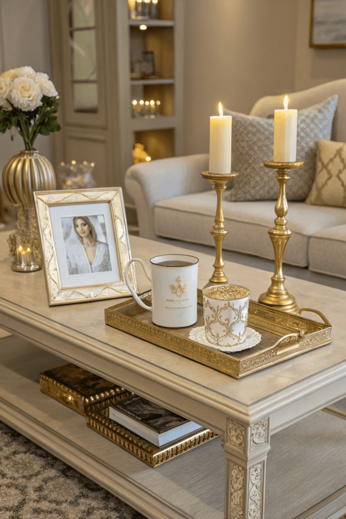Benjamin Moore Swiss Coffee Ideas: 20. Swiss Coffee & Metallic Gold: A Luxe, Gilded Glow