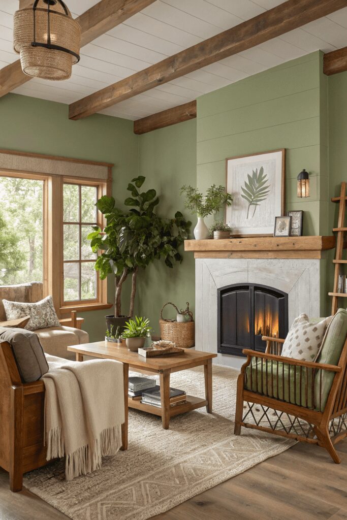 Benjamin Moore Swiss Coffee Ideas: 21. Swiss Coffee & Olive Green: A Cozy, Organic Retreat