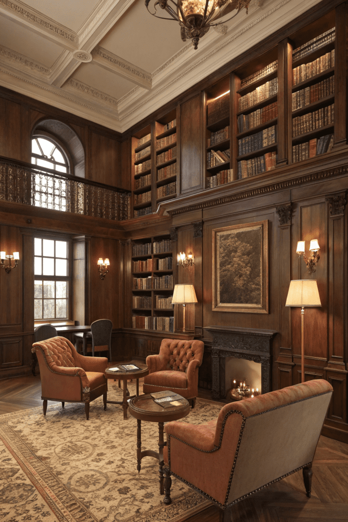 Benjamin Moore Swiss Coffee Ideas: 22. Swiss Coffee & Dark Walnut: A Rich, Vintage Library Feel