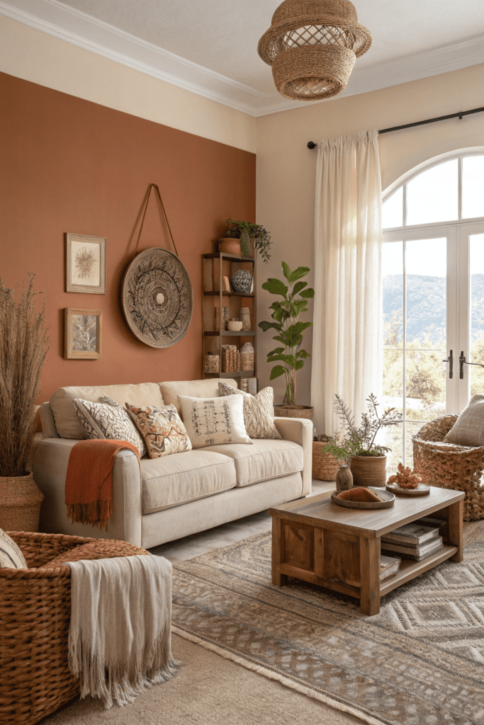 Benjamin Moore Swiss Coffee Ideas: 24. Swiss Coffee & Burnt Sienna: A Warm, Desert-Inspired Sanctuary