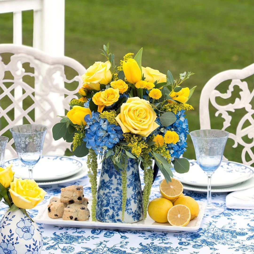 Fresh Yellow and Blue Floral Centerpiece