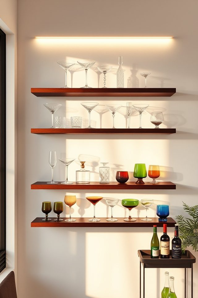 glassware on lighted shelves
