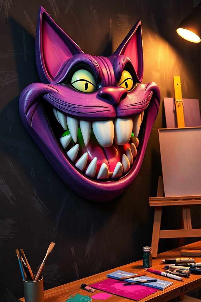 mischievous grinning purple decor