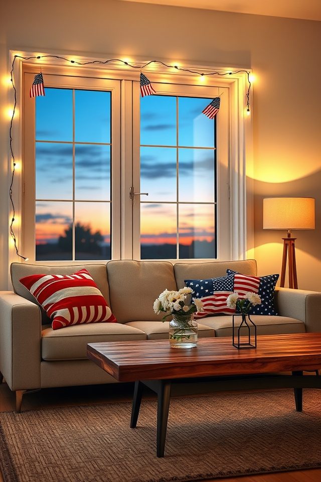 patriotic string lights draping