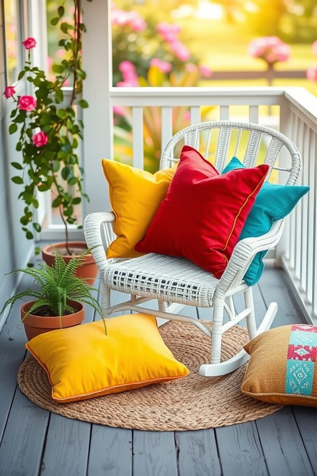 vibrant throw pillows porch