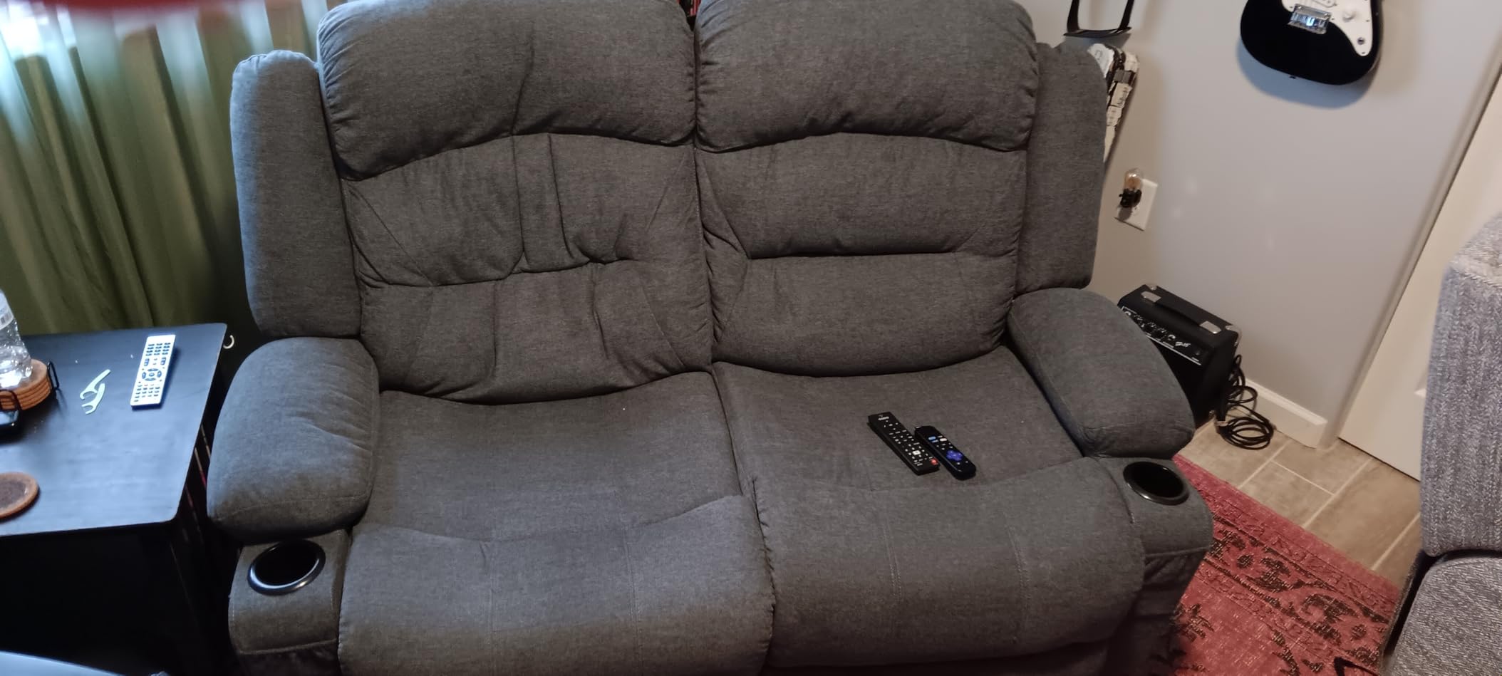 Oversized 2-Seater Wall Hugger Recliner Sofa with Heat and Massage, Weture Reclining Sofa with Cup Holders and USB Port, Large Big RV Recliner Couch Sofa for Living Room, Fabric, Grey customer photo 2