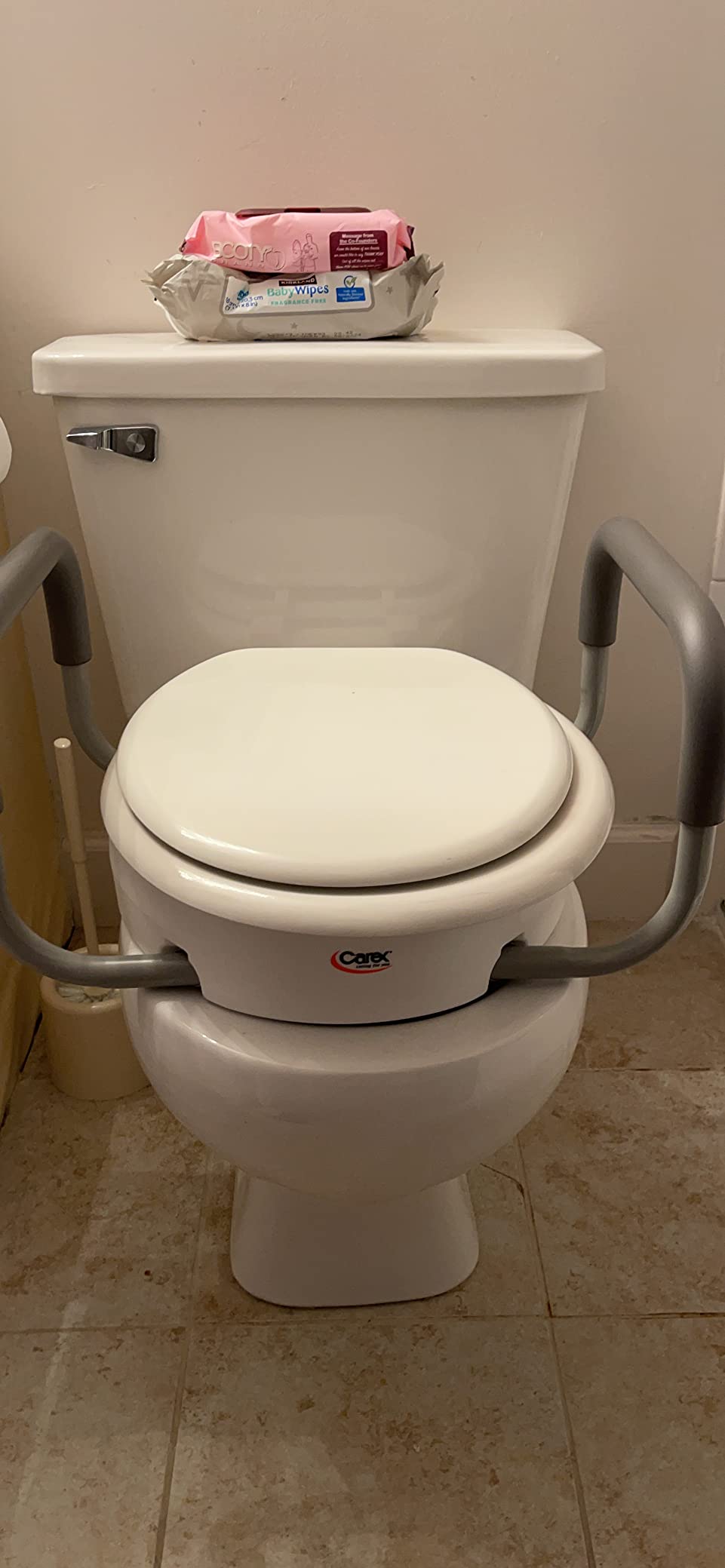 Carex 3.5 Inch Raised Toilet Seat with Arms, Elongated Toilet Seat Riser, 300 lbs Capacity, Elevating and Raising Seat for Elderly and Handicap, Universal, Slip-Resistant with Padded Handles, White - Customer Photo 1