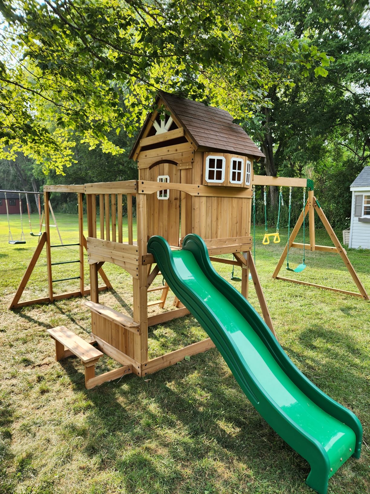 Backyard Discovery Montpelier Cedar Wood Swing Set with Wave Slide,Clubhouse, Monkey Bars, Picnic Area, Snack Bar, Belt Swings, Trapeze, Balcony, Playhouse, Working Door, Ladder, Outdoor Playset - Customer Photo 1