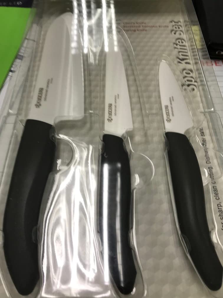 Kyocera Advanced Ceramics – Revolution Series 3-Piece Ceramic Knife Set: Includes 6-inch Chef's Knife; 5-inch Micro Serrated Knife; and 3-inch Paring Knife; Black Handles with White Blades - Customer Photo 2