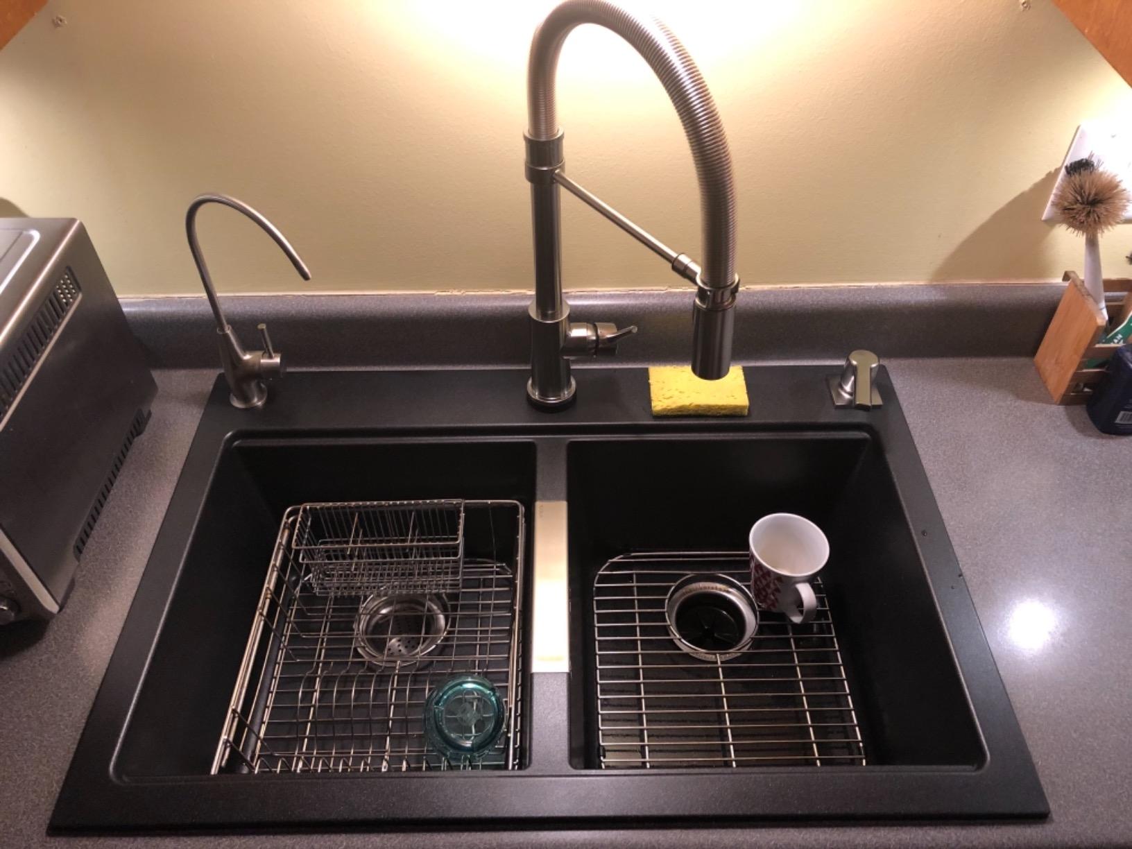 KRAUS Quarza 33-inch Drop-In/Undermount 50/50 Double Bowl Granite Kitchen Sink in Black Onyx, KGD-433B Customer Review KRAUS Quarza 33-inch Drop-In/Undermount 50/50 Double Bowl Granite Kitchen Sink in Black Onyx, KGD-433B - Customer Photo 1