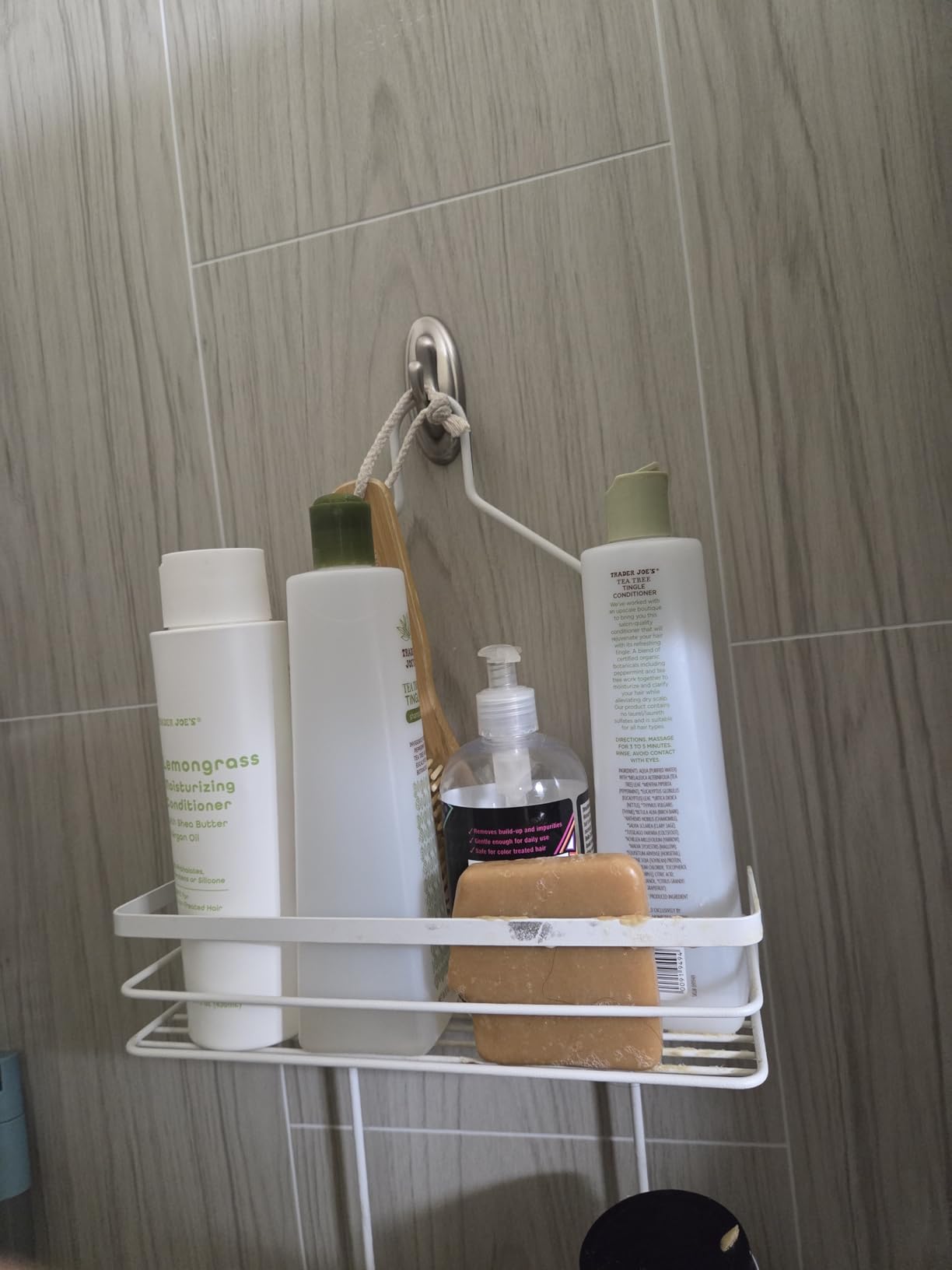 Command Medium Bath Hooks, Holds up to 3 lb, 2 Shower Hooks, 4 Water Resistant Strips, Brushed Nickel Colored, Damage Free Bathroom Organization for Robes, Towels, or Loofahs - Customer Photo 1