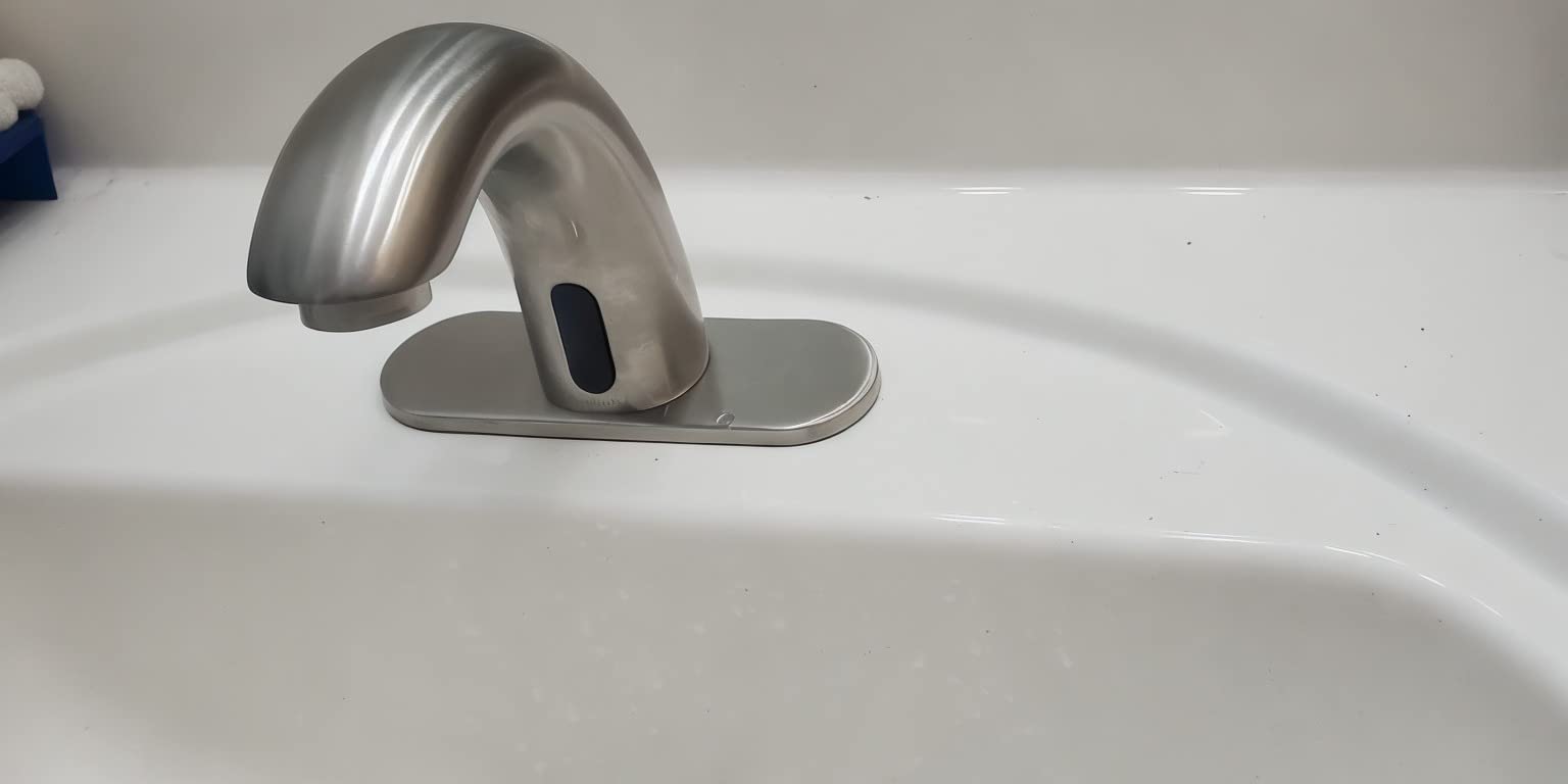 Touchless Bathroom Sink Faucet - Automatic Motion Sensor Restroom Toilet Faucet - Battery Operated for Commercial Lavatory, Brushed Nickel - Customer Photo 1