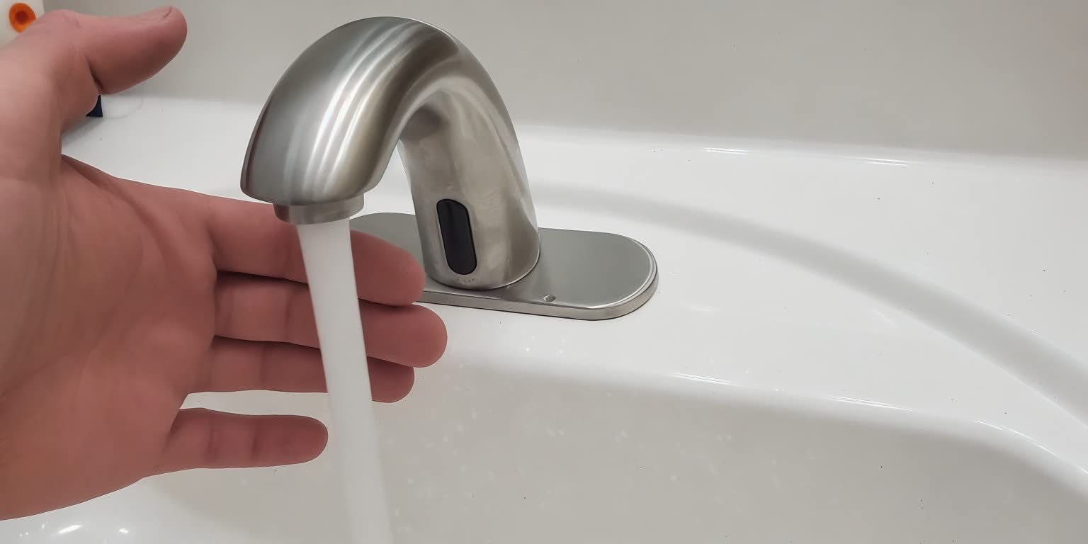 Touchless Bathroom Sink Faucet - Automatic Motion Sensor Restroom Toilet Faucet - Battery Operated for Commercial Lavatory, Brushed Nickel - Customer Photo 2