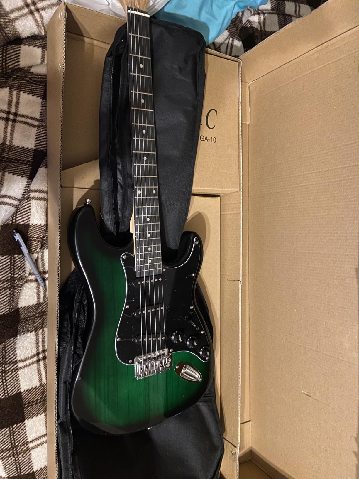 EG39-TGRB-10W Beginner Series Electric Guitar with Case, Strap, Cable, Capo, Picks, Electronic Tuner, String Winder and Polish Cloth, 10W Amp, Transparent Green/Black Picguard - Customer Photo 2