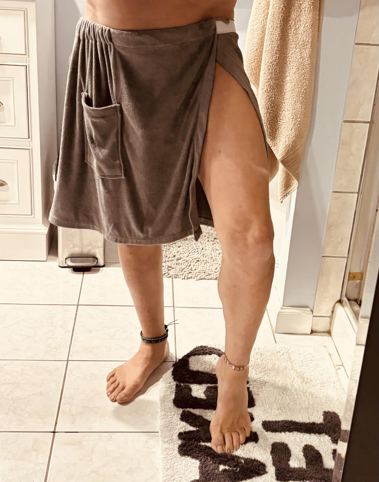 DII Men's Terry Shower Wrap Collection Adjustable with Velcro and Pocket, 54x20, Gray - Customer Photo 2