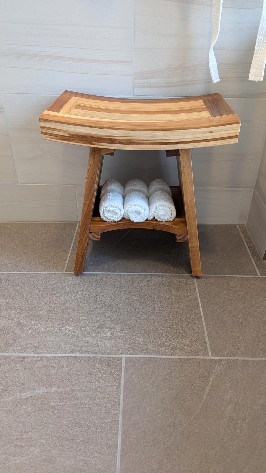 EcoDecors Serenity Teak Shower Bench – 18 Inch, Natural Finish, 300 Pound Capacity Safe & Stable Seating | Waterproof Wood Stool for Bathroom | Compact & Stylish | Built-in Shelf - Customer Photo 1