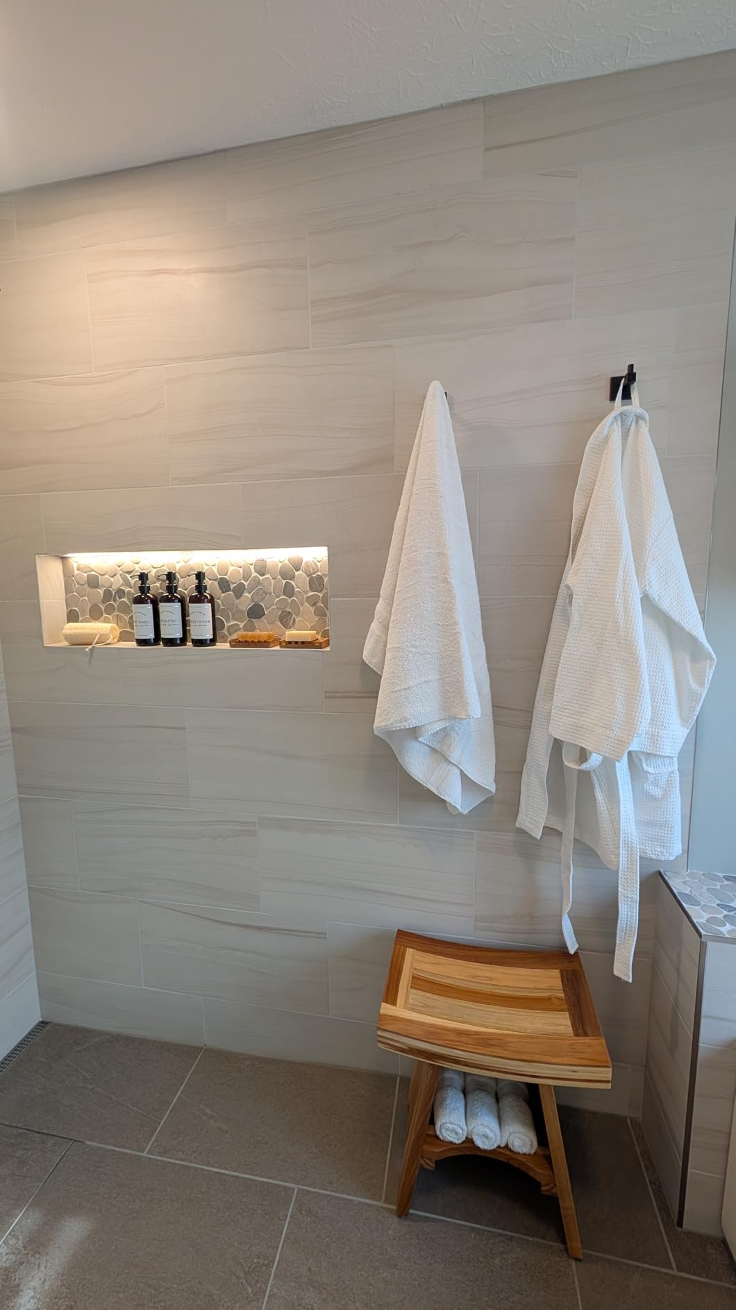 EcoDecors Serenity Teak Shower Bench – 18 Inch, Natural Finish, 300 Pound Capacity Safe & Stable Seating | Waterproof Wood Stool for Bathroom | Compact & Stylish | Built-in Shelf - Customer Photo 2