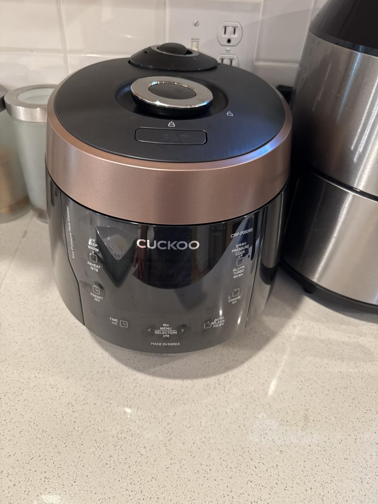 CUCKOO CRP-P0609S 6-Cup (Uncooked) / 12-Cup (Cooked) High Pressure Rice Cooker & Warmer with Nonstick Inner Pot, 12 Menu Options, Fuzzy Logic Tech, 3 Voice Guide, Auto Clean (Black/Copper) - Customer Photo 2