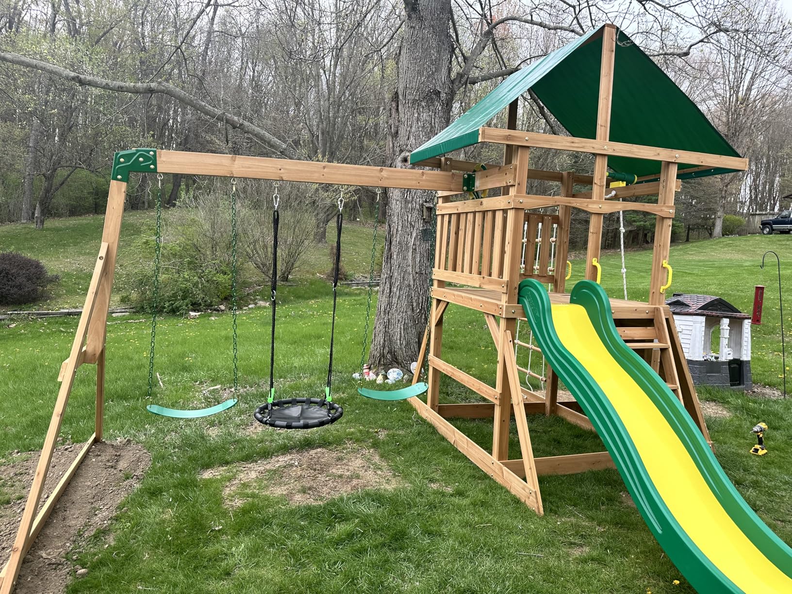 Backyard Discovery Mount Mckinley Cedar Wood Swing Set with Wave Slide, Play Deck, Double Rock Wall, Rope Ladder, Web Swing, Belt Swings, Toy Telescope, Steering Wheel, Sandbox Area, Outdoor Playset - Customer Photo 2