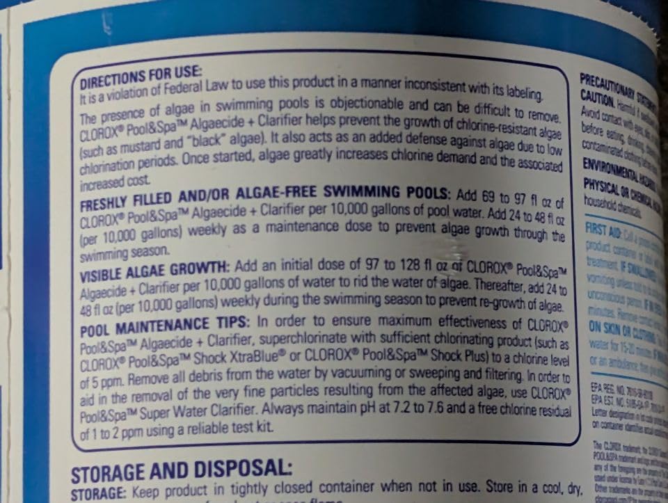 Clorox® Pool&Spa™ Swimming Pool Algaecide and Clarifier, Prevents and Treats Pool Algae, Clears Water, 128 Fl Oz (Pack of 1) - Customer Photo 2