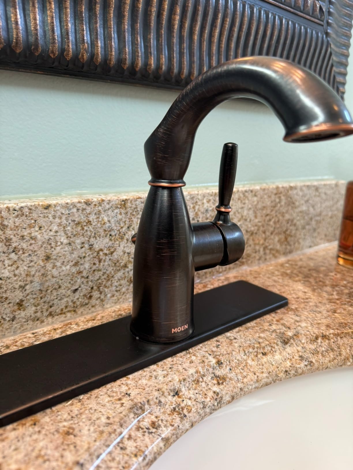 Moen Sarona Mediterranean Bronze One-Handle Single Hole Rustic Farmhouse Bathroom Sink Faucet with Optional Deckplate, 84144BRB - Customer Photo 2