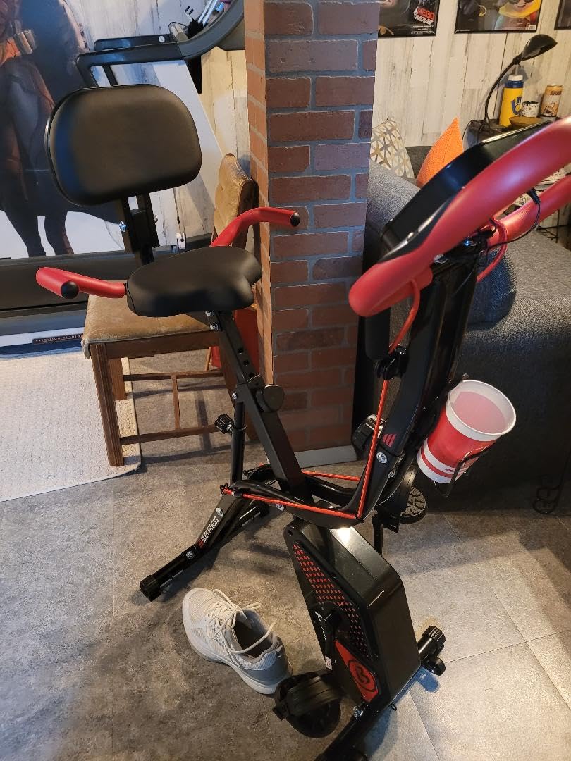 pooboo Folding Exercise Bike, Foldable Upright Stationary Bike, Indoor Cycling Magnetic X-Bike with 8-Level Adjustable Resistance, 6.6 LBS Flywheel, 300LB Capacity, Bottle Holder & Back Support Cushion for Home Gym - Customer Photo 1