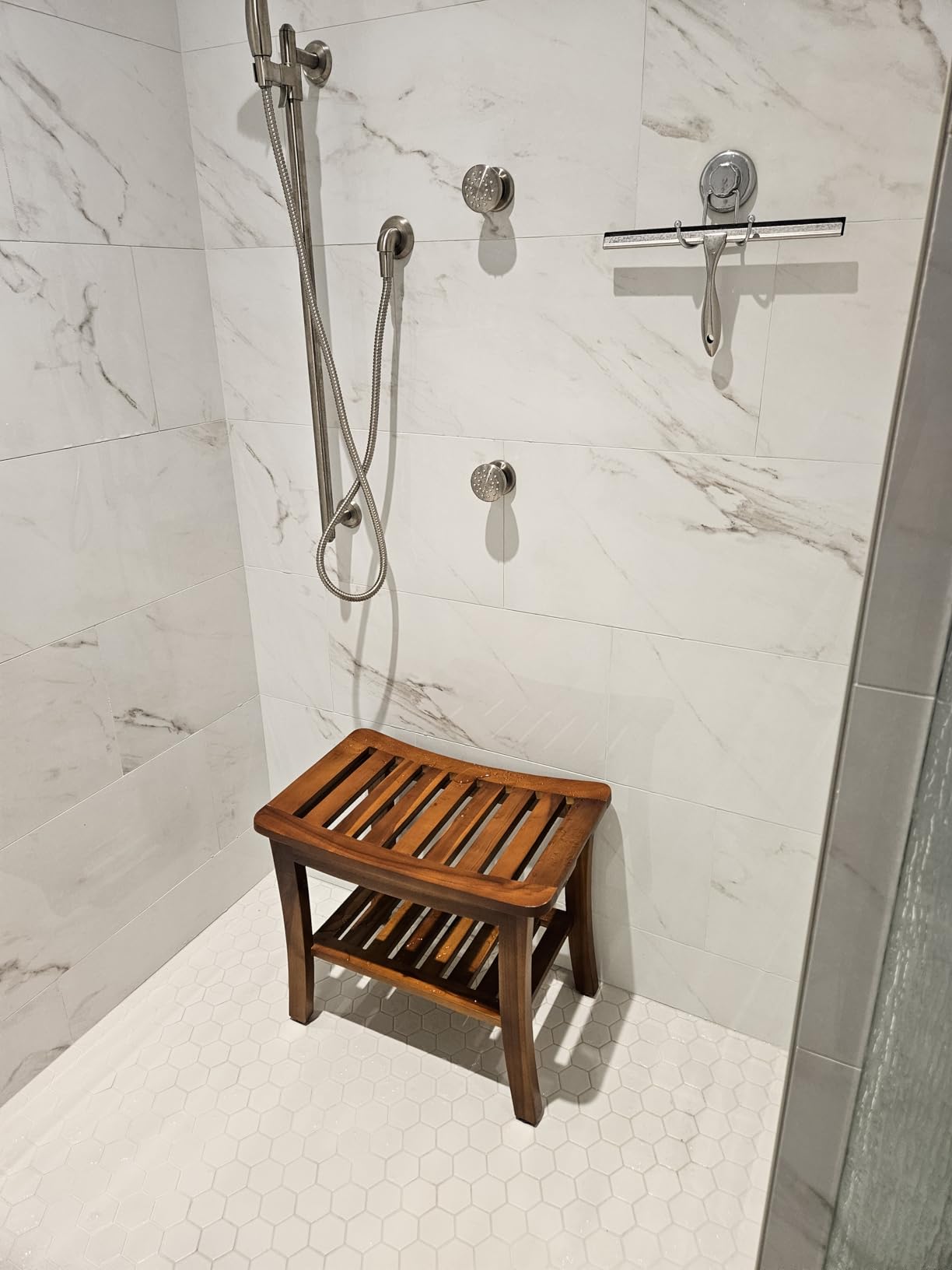 Teak Shower Bench 21 Inch, Fully Assembled Wood Bath Stool for Shower & Spa, The Hermod - Customer Photo 1