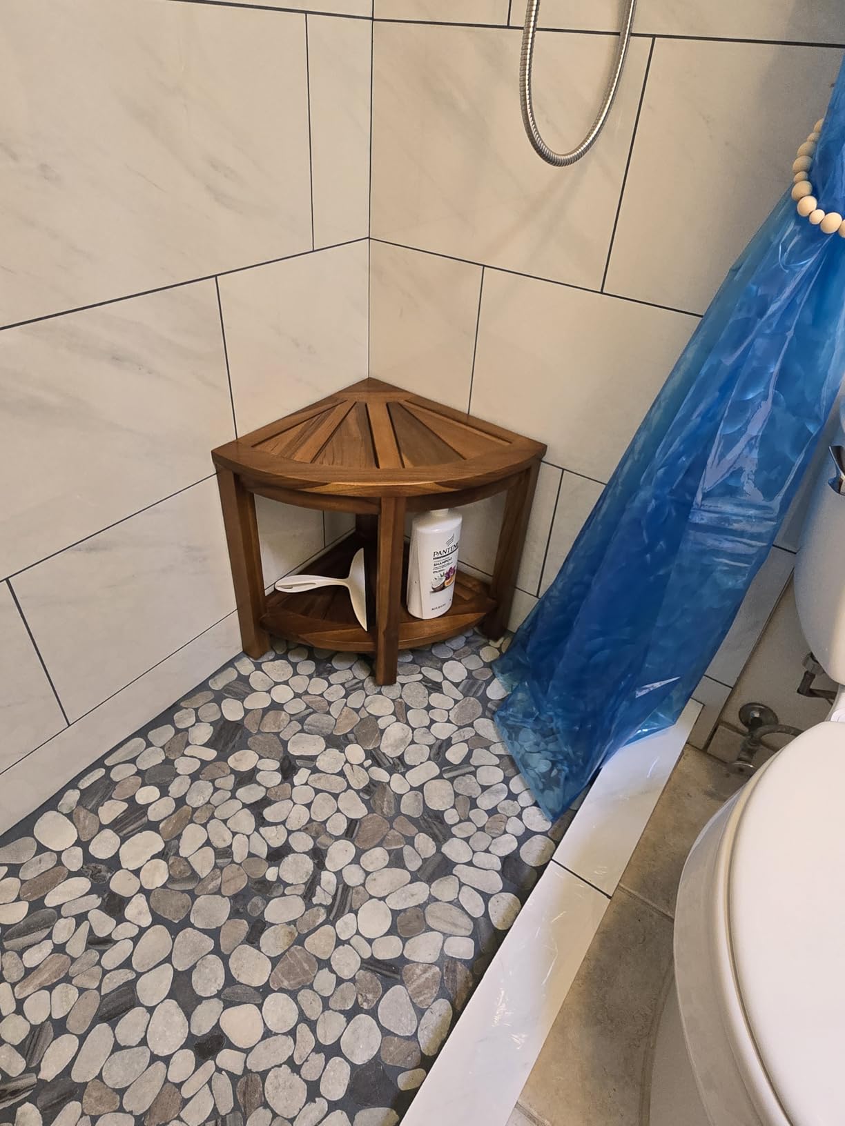 TeakCraft Teak Corner Shower Bench Seat for Bathroom - Waterproof Shower Stool - Fully Assembled, The Saga - Customer Photo 1