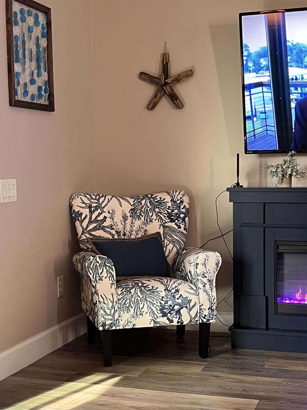 BELLEZE Modern Accent Chair, High Back Armchair, Upholstered Wingback Side Chair, Padded Single Sofa with Wooden Legs for Living Room, Bedroom - Green Blue Floral - Customer Photo 2