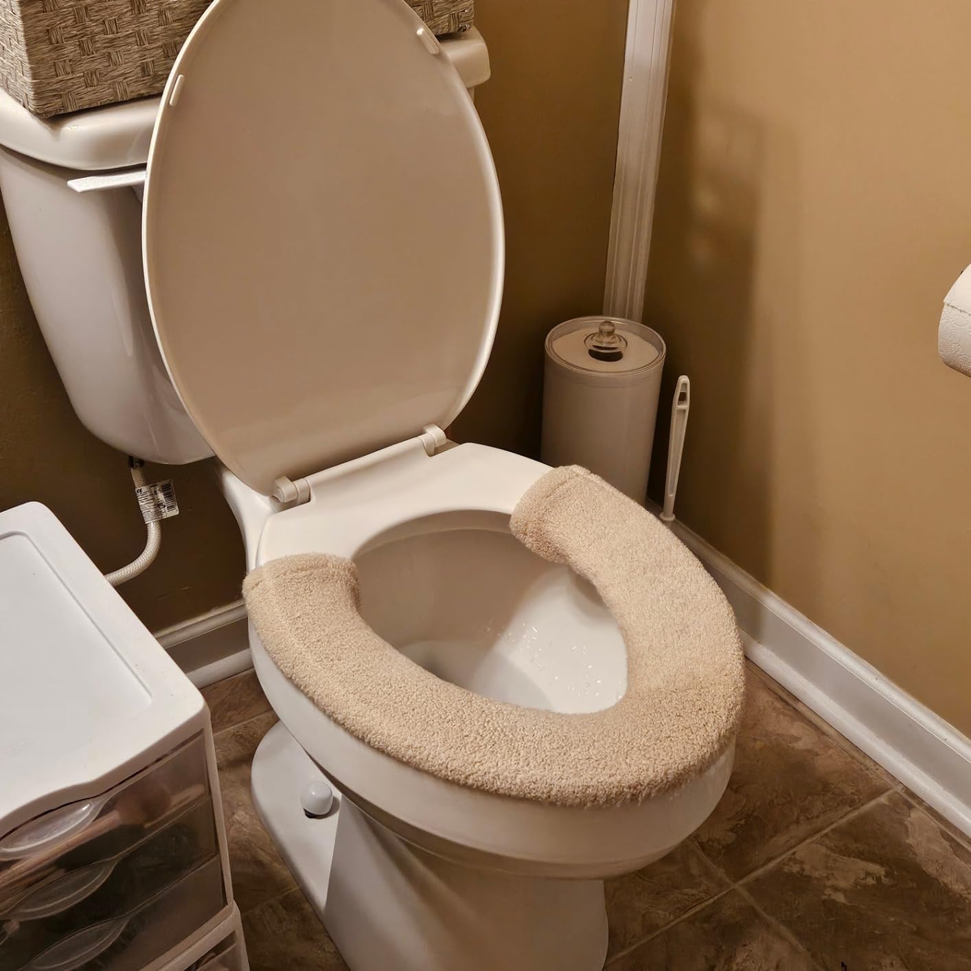 Toilet Seat Cover,Bathroom Soft Thicker Warmer with Snaps Fixed Stretchable Washable Fiber Cloth Toilet Seat Covers Pads Easy Installation& Cleaning (grey) - Customer Photo 1