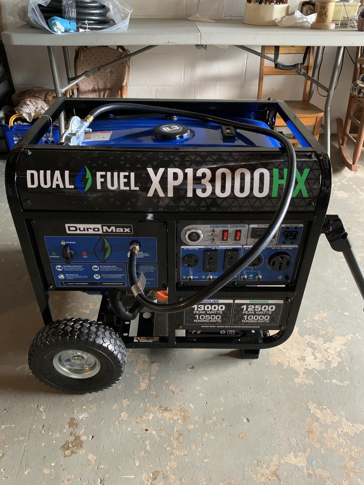 DuroMax XP13000HXT 13,000-Watt 500cc Tri Fuel Gas Propane Natural Gas Portable Generator with CO Alert, Black/Blue - Customer Photo 1