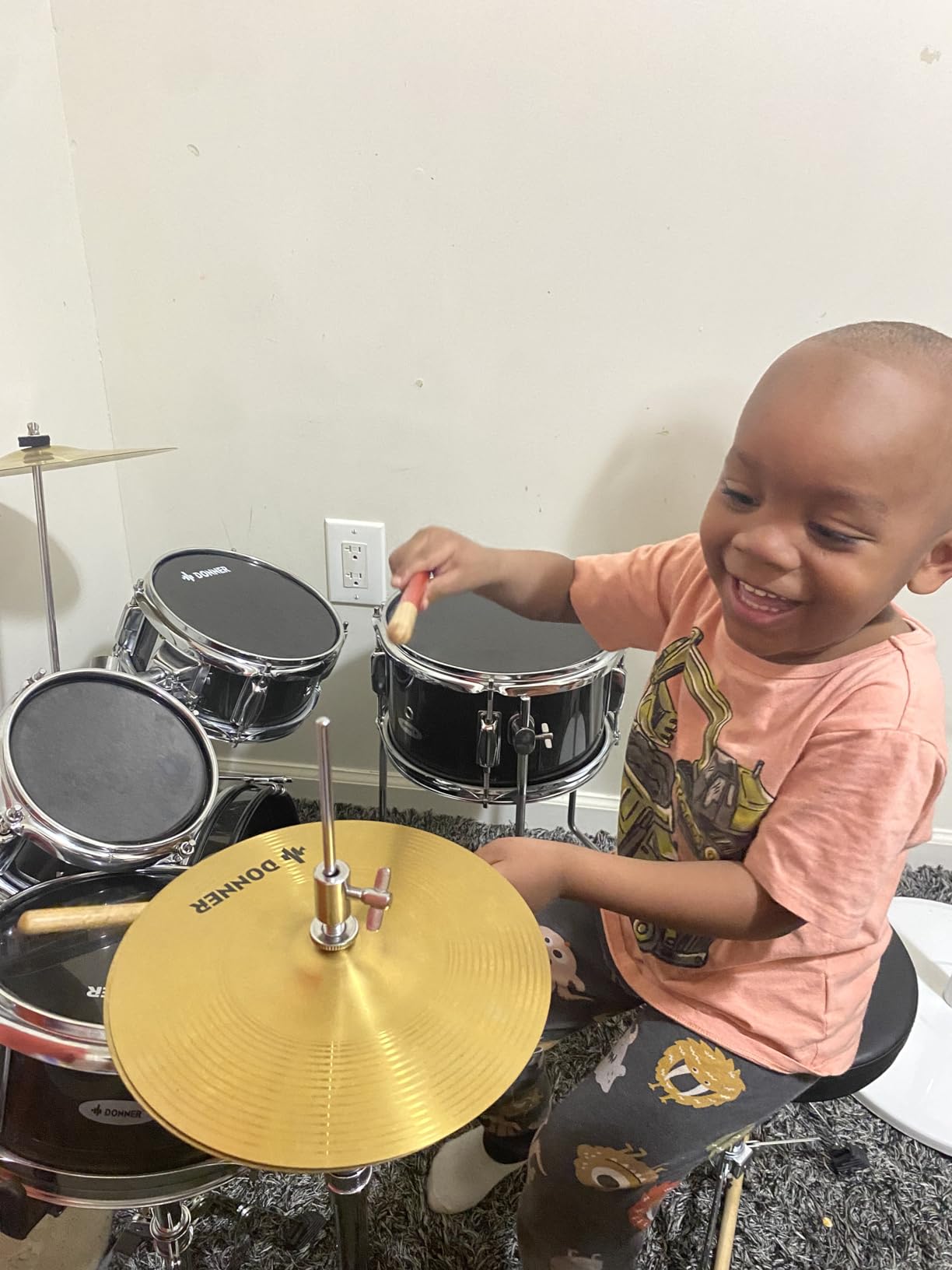 Kid Drum Sets-Donner 5-Piece for Beginners, 14 inch Full Size Complete Junior Drum Kit with Adjustable Throne, Cymbal, Hi-Hat, Pedal & Drumstick, Metallic Black - Customer Photo 1