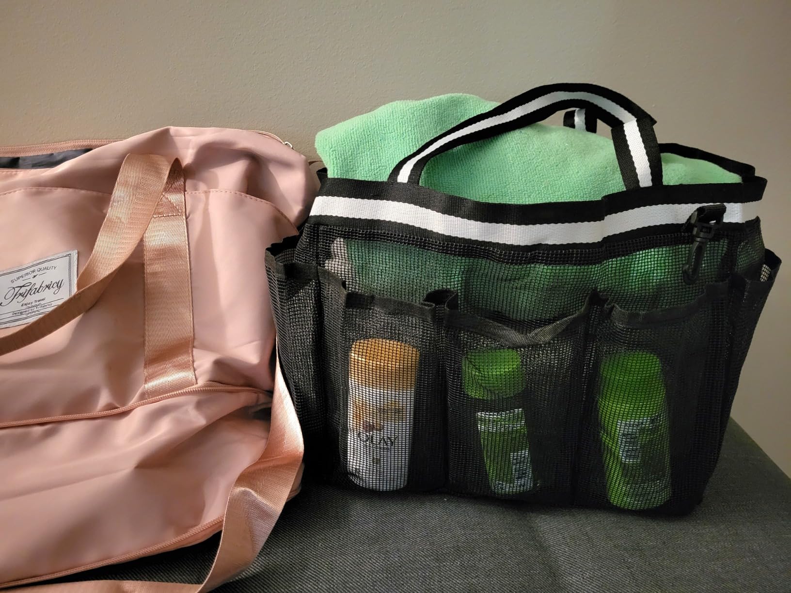 Ocim Large Portable Mesh Shower Caddy Bag Tote for Big Size Shampoo Bottles, Collapsible Quick Dry for College Dorm, Camping, Beach Pool Bathroom, Black - Customer Photo 2