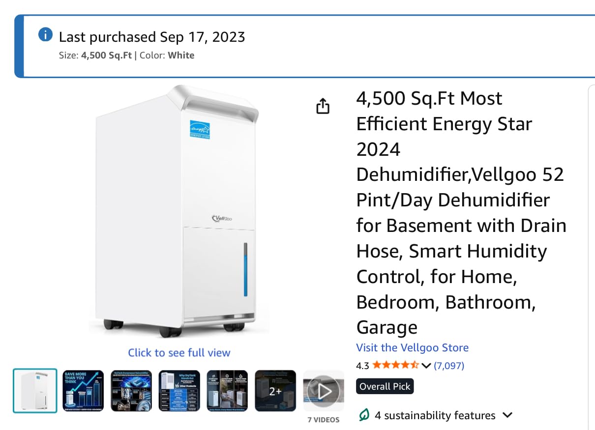 4,500 Sq.Ft Most Efficient Energy Star 2024 Dehumidifier,Vellgoo 52 Pint/Day Dehumidifier for Basement with Drain Hose, Smart Humidity Control, for Home, Bedroom, Bathroom, Garage - Customer Photo 1