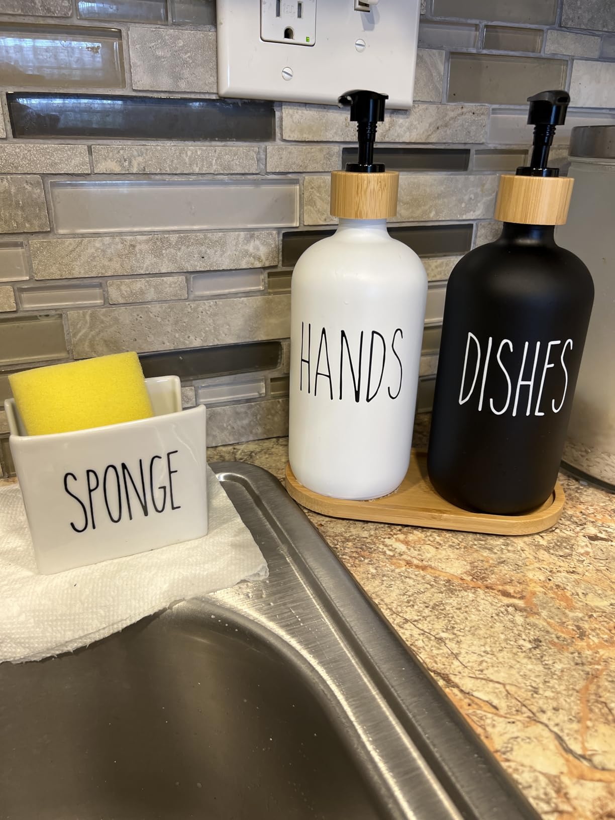 MOMEEMO Soap Dispenser Set, Contains Hand and Dish Soap Dispenser, Suitable for Kitchen Decor. (Black & White) - Customer Photo 1