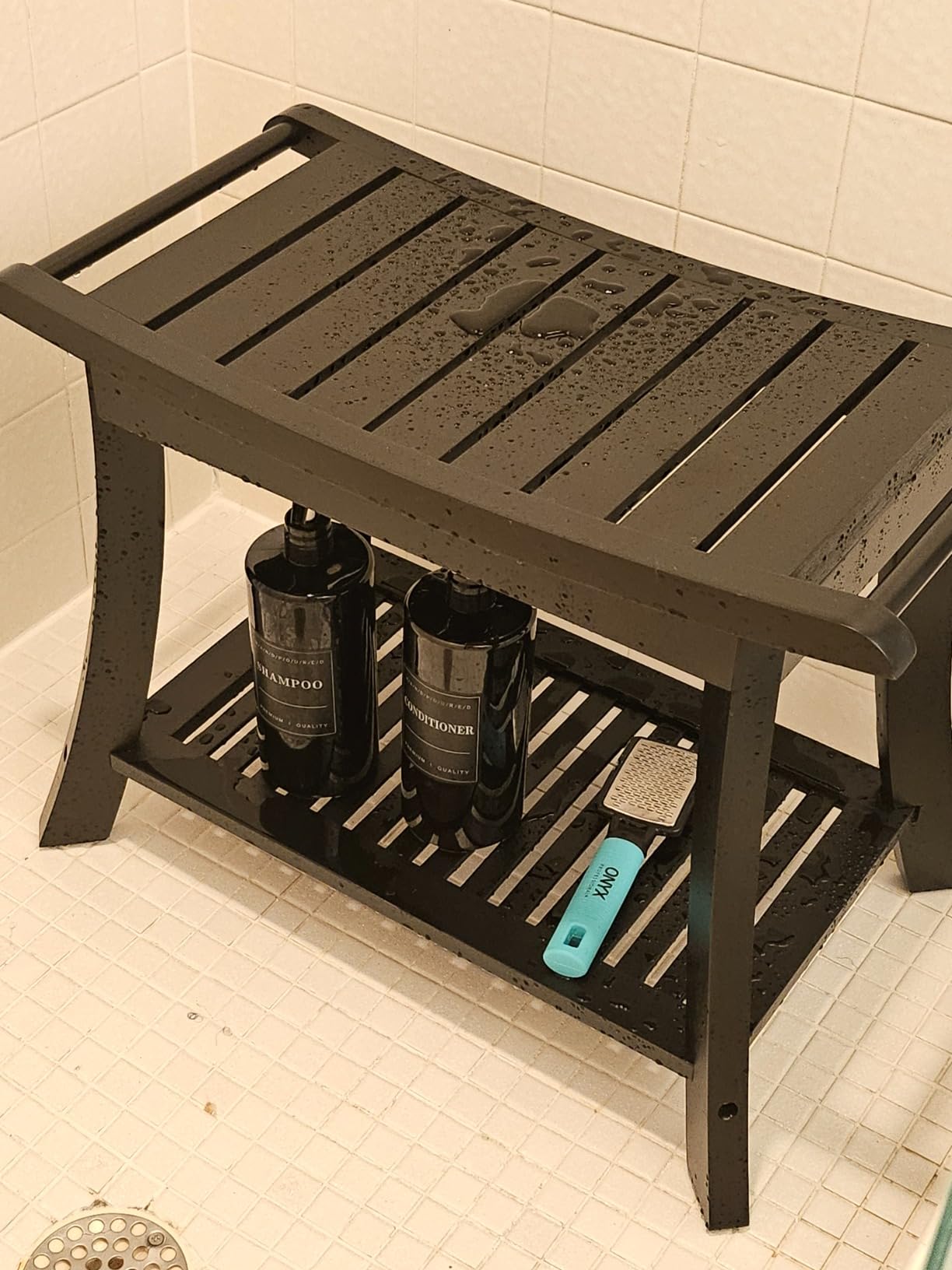 VVW Bamboo Shower Bench & Stool with Storage Shelf, Bath Benches for Inside Shower, Bathroom Stools 2-Tier Spa Seat for Adults Elderly (Beige) - Customer Photo 1