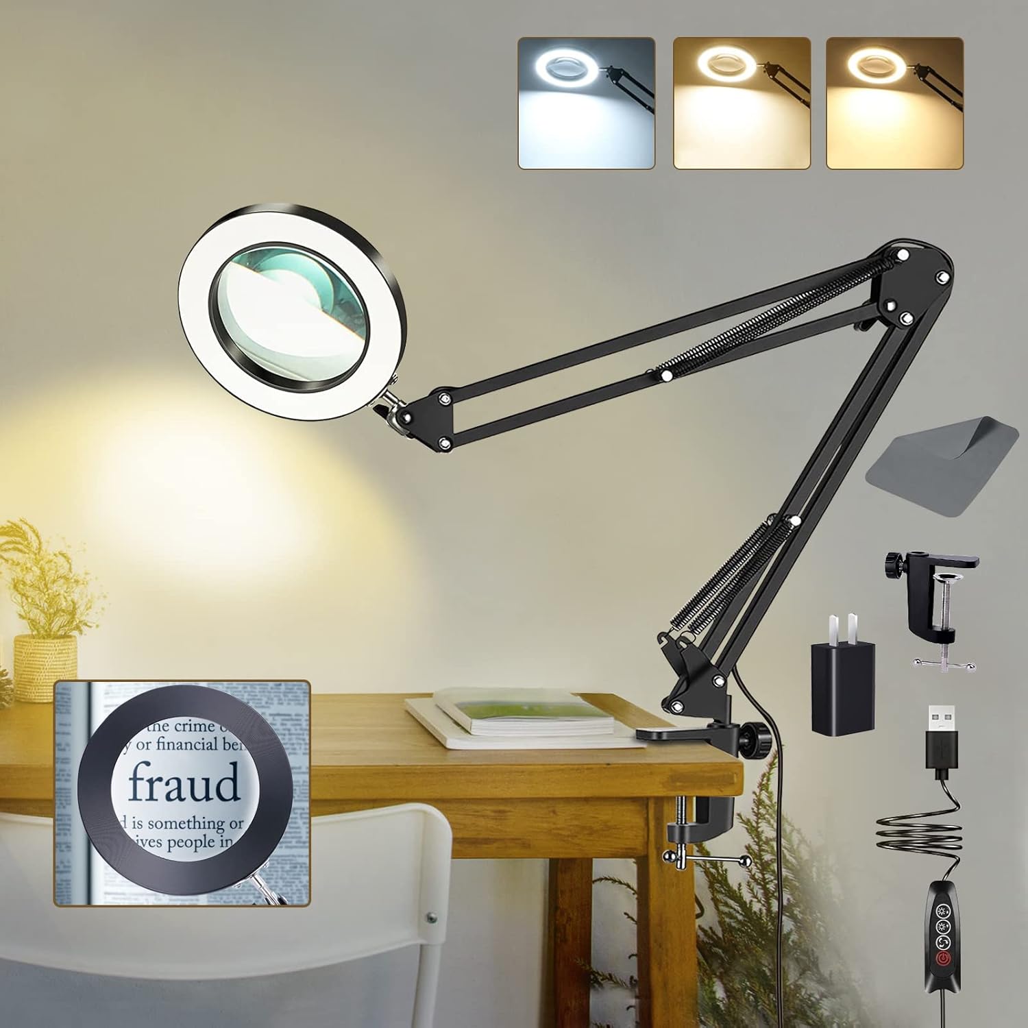 10X Magnifying Glass with Light and Clamp, Magnifier with Light Hands Free3 Color Modes Stepless Dimmable, 72 LEDs Real Glass Lens Magnifying Lamp for Close Work, Repair, Reading, Craft - Customer Photo 1