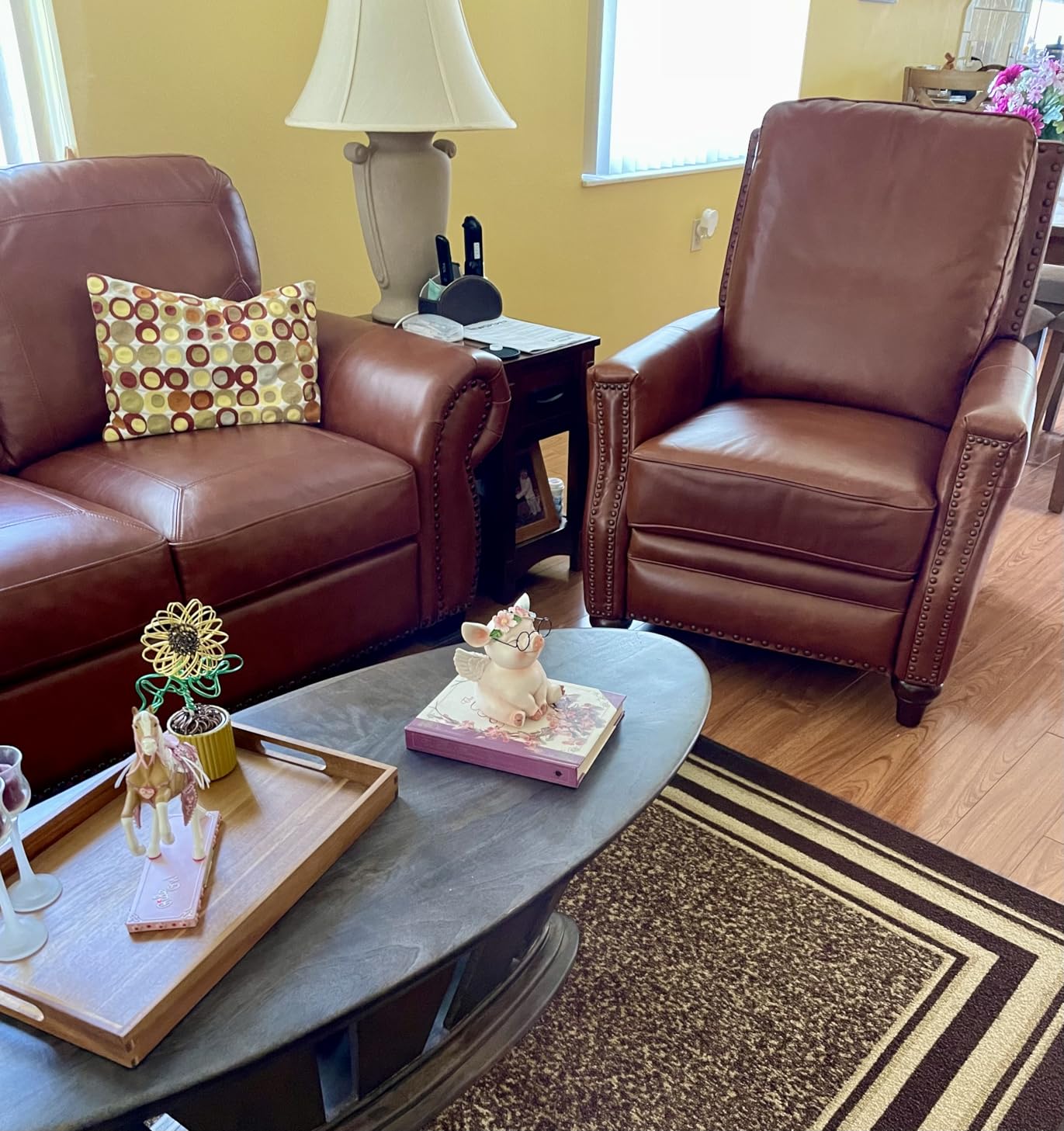 HULALA HOME Genuine Leather Manual Recliner Chair,Classic Push Back Reclining Armchair Sofa with Thick Seat, Adjustable Backrest & Nailhead Trim for Living Room Home Theater (Brown) - Customer Photo 2