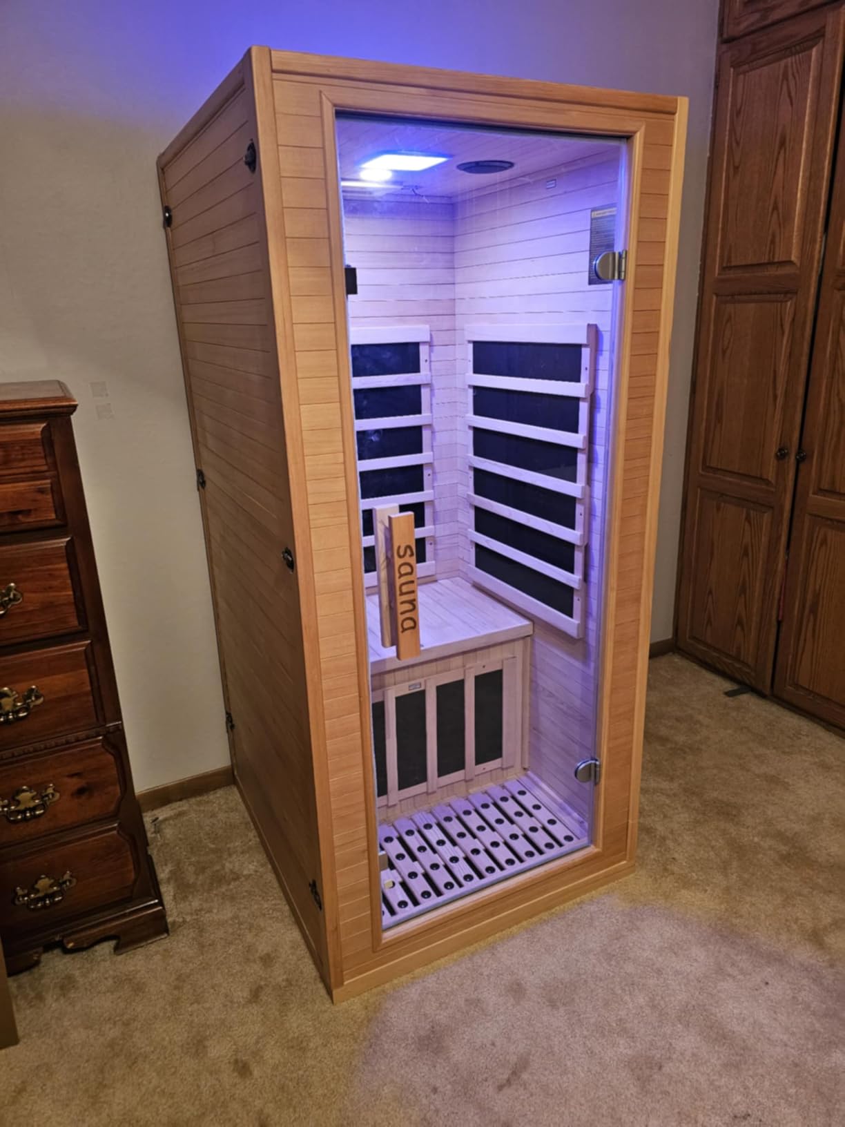 Infrared Home Sauna Room 1 Person Hemlock Wooden Indoor Dry Sauna，Low EMF 1200W/110V Heaters Panels,LCD Control Panel,10 Minutes Pre-Warm up,Time and Temp Pre-Set,1-Year Aftersale - Customer Photo 1