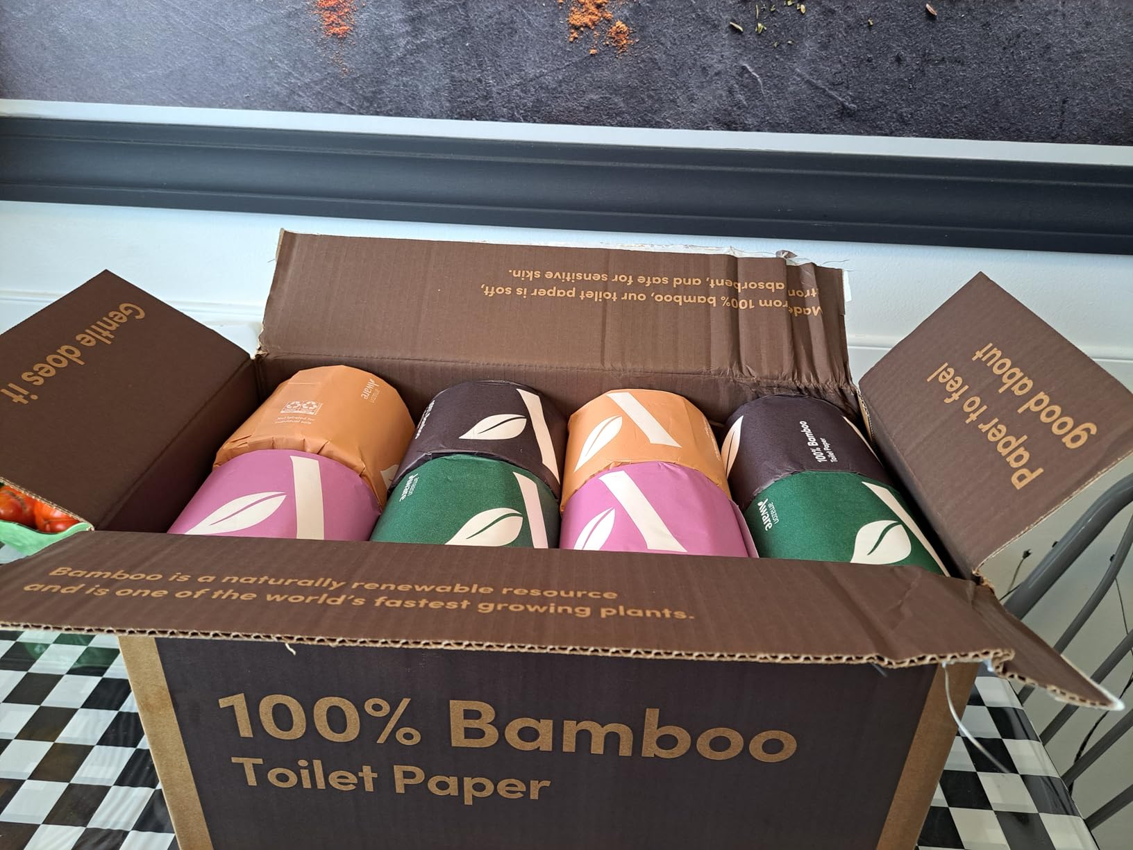 Amazon Aware 100% 3-ply Bamboo Toilet Paper, Unscented, 12 Rolls, 350 Sheets per roll, Total 4200 Sheets, Plastic-Free - Customer Photo 1