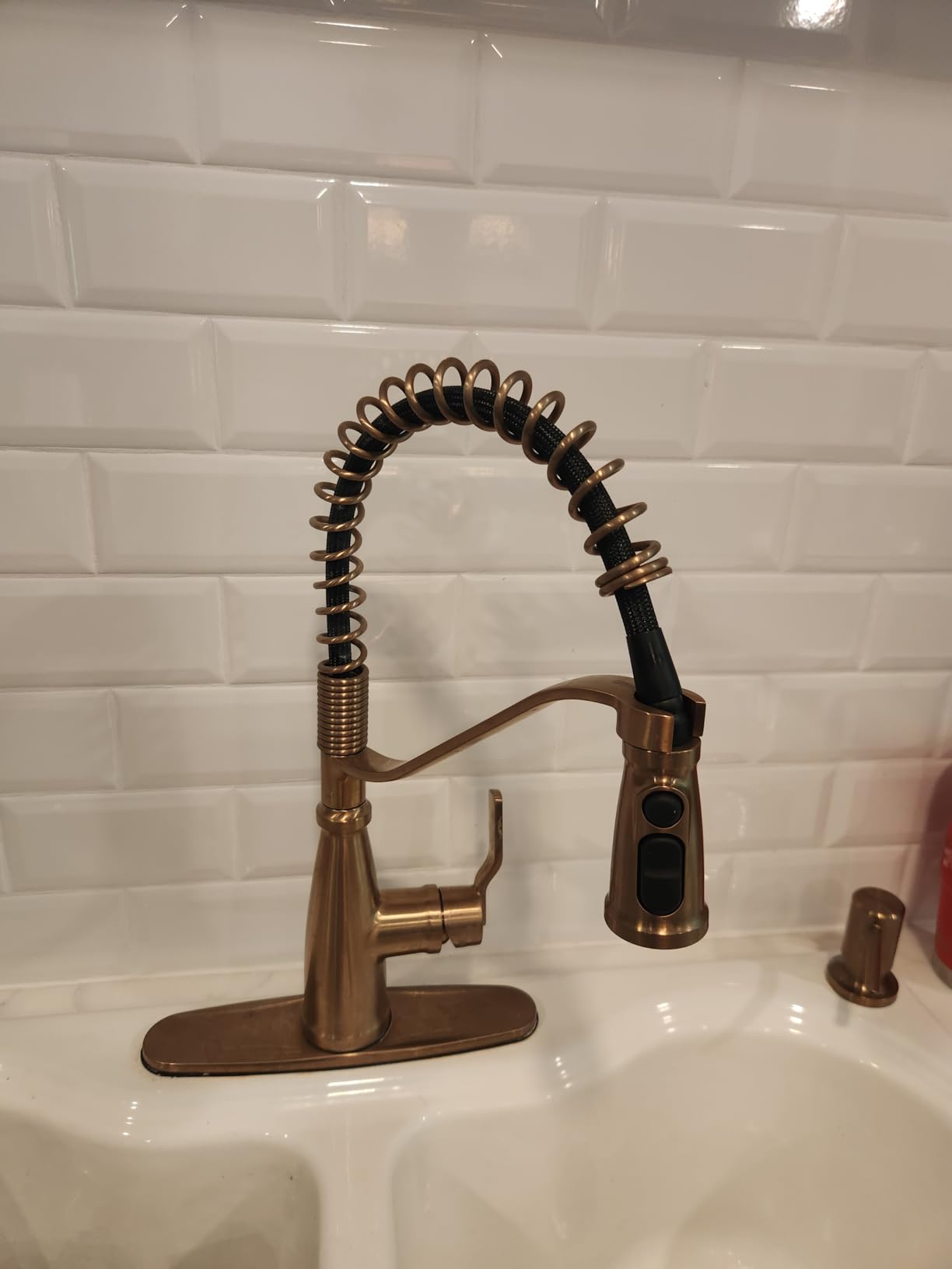 Moen Nolia Bronzed Gold One-Handle Single Hole Spring Kitchen Faucet with Pull Down Sprayer and Soap Dispenser, 87886BZG - Customer Photo 1
