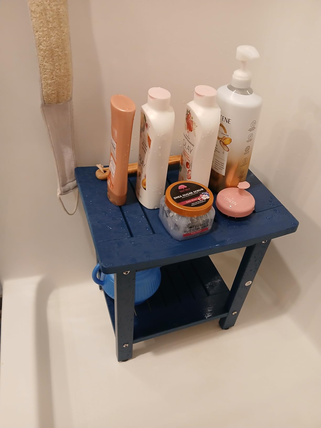LUE BONA HDPS Shower Bench Seat, Shower Stool for Inside Shower Waterproof, Bath Spa Shower Foot Stool for Shaving Legs with Storage Shelf, Weather Resistant/Non-Slip/Indoor or Outdoor Use, Gray - Customer Photo 2