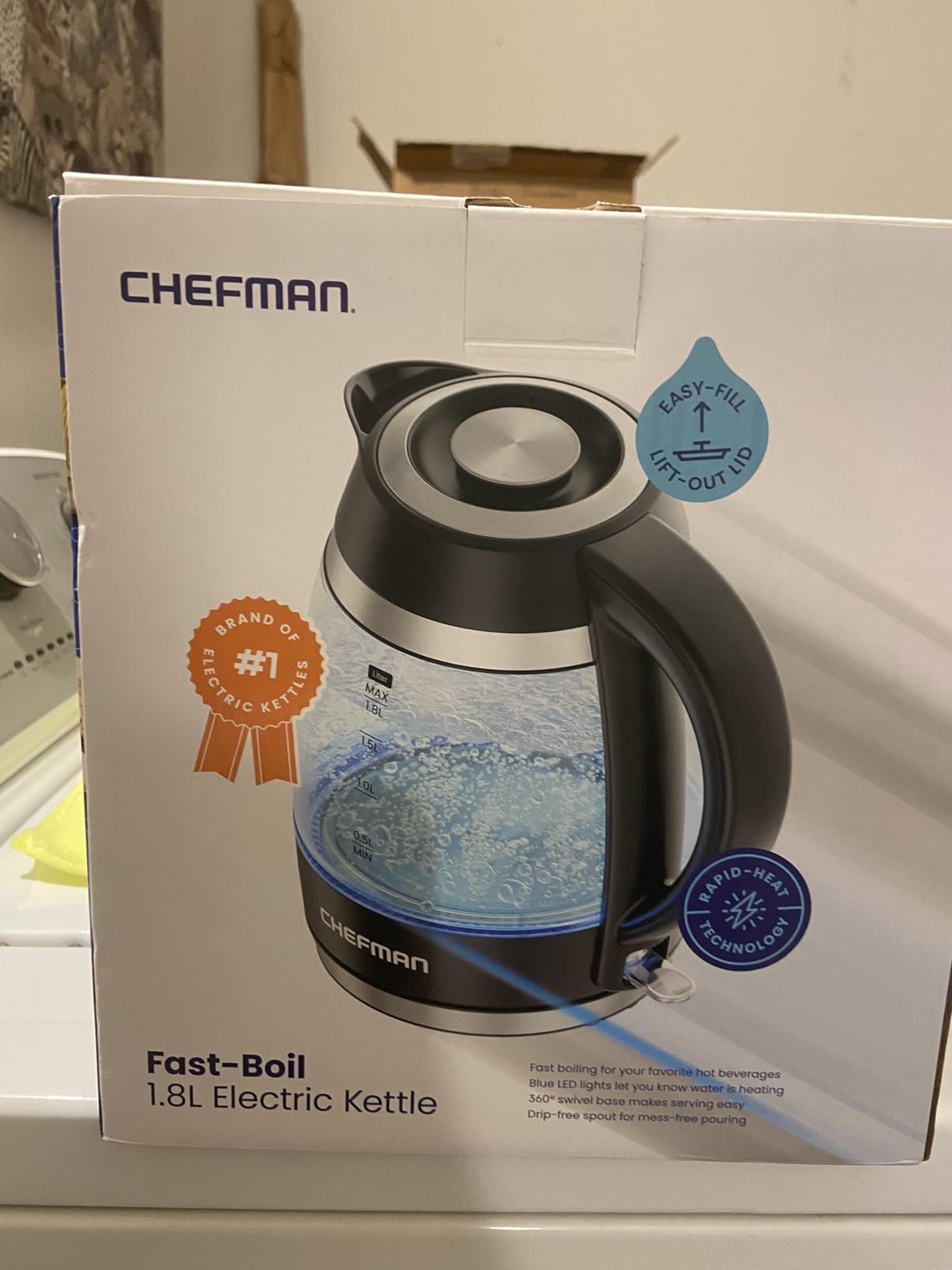 Chefman Electric Kettle, 1.8L 1500W, Hot Water Boiler, Removable Lid for Easy Cleaning, Auto Shut Off, Boil-Dry Protection, Stainless Steel Filter, BPA Free, Borosilicate Glass Electric Tea Kettle - Customer Photo 1