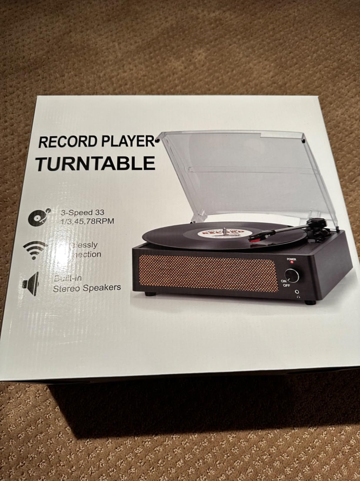 WOCKODER Vinyl Record Players Vintage Turntable with Speakers Belt-Driven Turn Tables Support 3-Speed, Bluetooth Wireless Playback, Headphone, AUX-in, RCA Line LP Phonograph Auto Stop Retro Black - Customer Photo 2 - RosenberryRooms